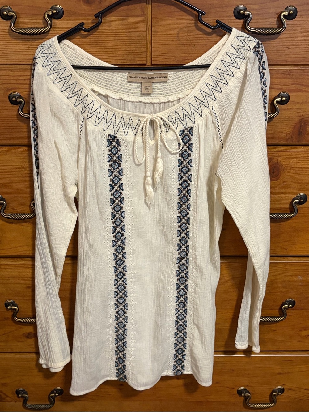 Vintage America Cream Peasant Blouse with Blue Embroidery